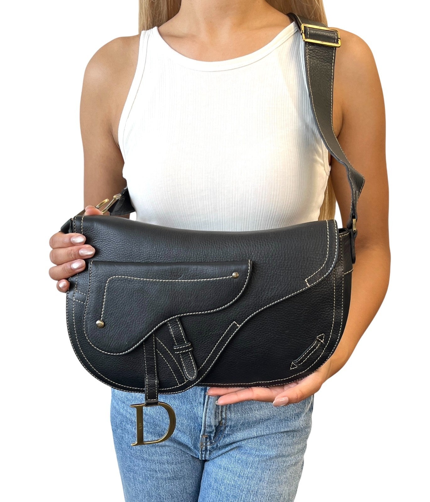 Christian Dior Vintage 2002 Double Saddle Leather Shoulder Bag Black Stitch