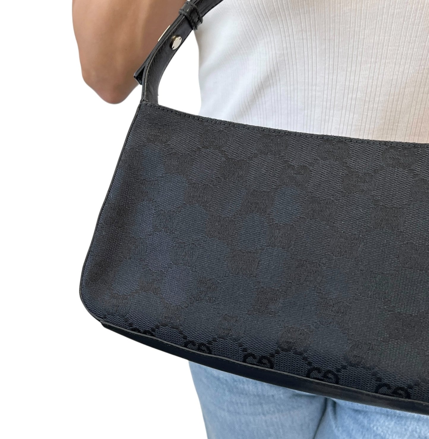 GUCCI Vintage GG Monogram Logo Canvas Pochette Mini Bag Dark Blue Gold Leather