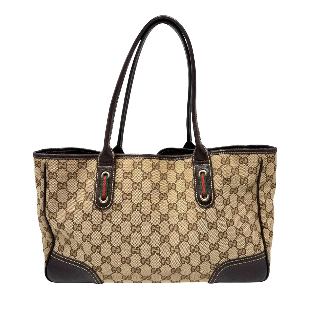 GUCCI Vintage GG Monogram Web Stripe Ribbon Tote Shoulder Bag Brown 902465