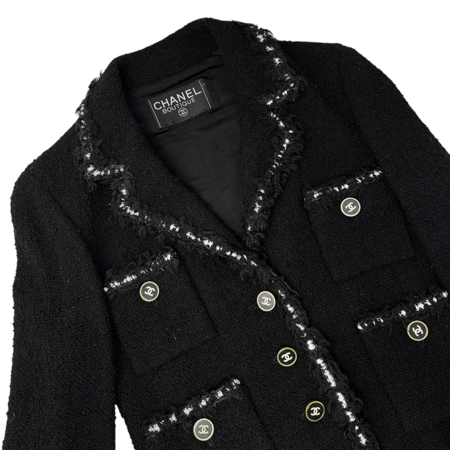 CHANEL Vintage 94A CC Logo Tweed Jacket Blazer Black White Wool Button