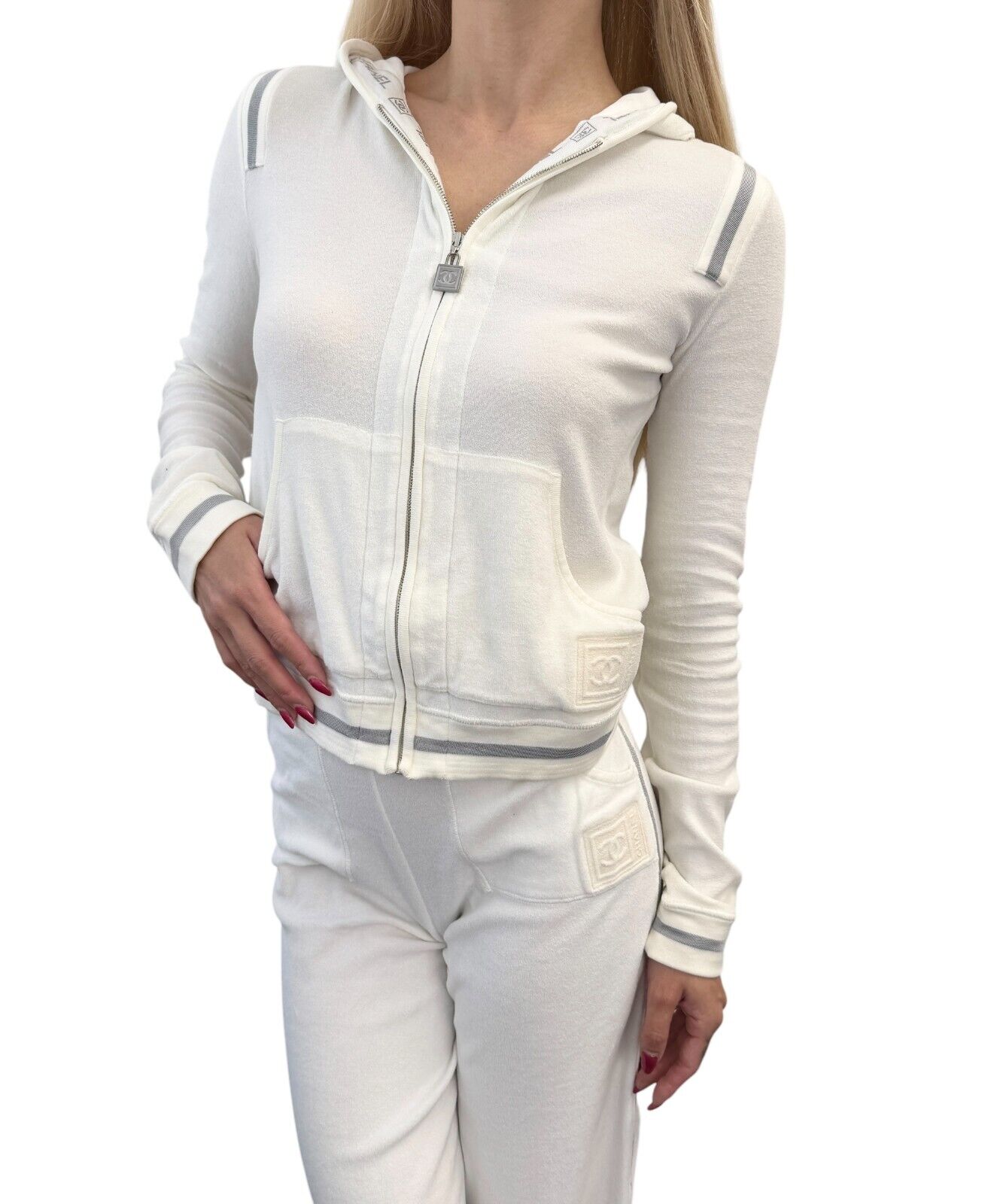 CHANEL Sport Vintage 06C CC Logo Hoodie Pants Set Up #36 White Cotton Zip
