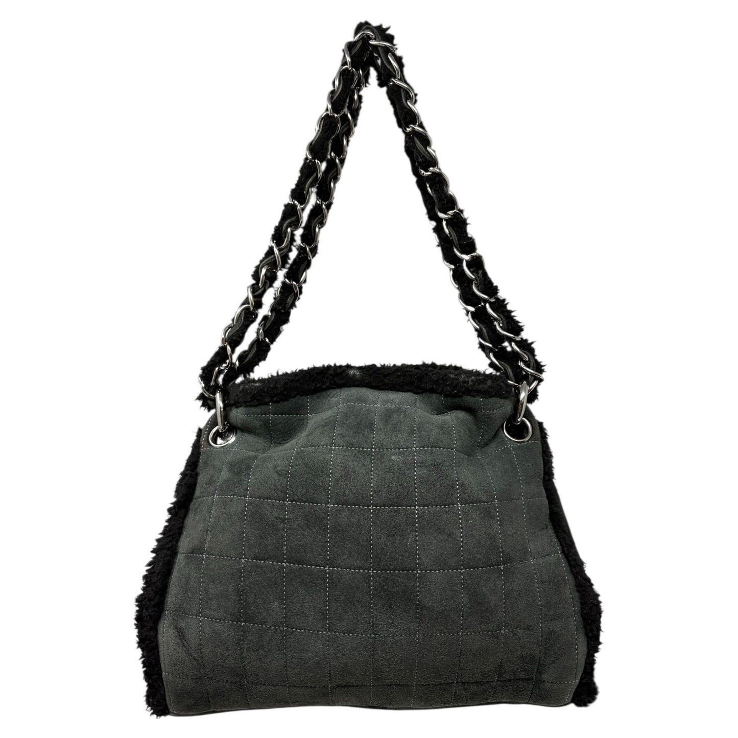 CHANEL Vintage Shearling Fur Shoulder Bag Pouch Mouton Black Chain CC Suede
