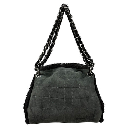 CHANEL Vintage Shearling Fur Shoulder Bag Pouch Mouton Black Chain CC Suede