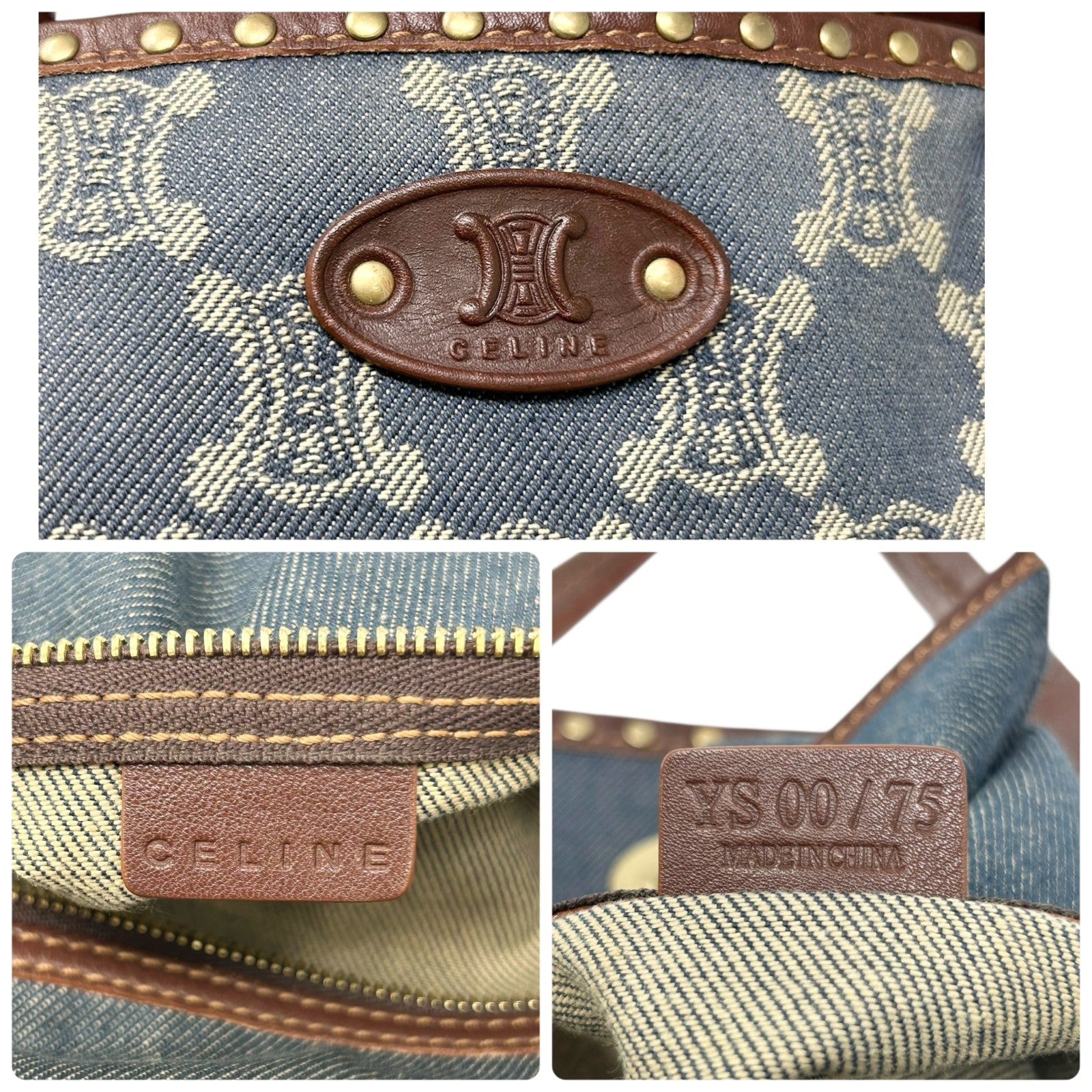 CELINE Vintage Macadam Monogram Logo Denim Tote Bag Blue Gold Cotton Leather