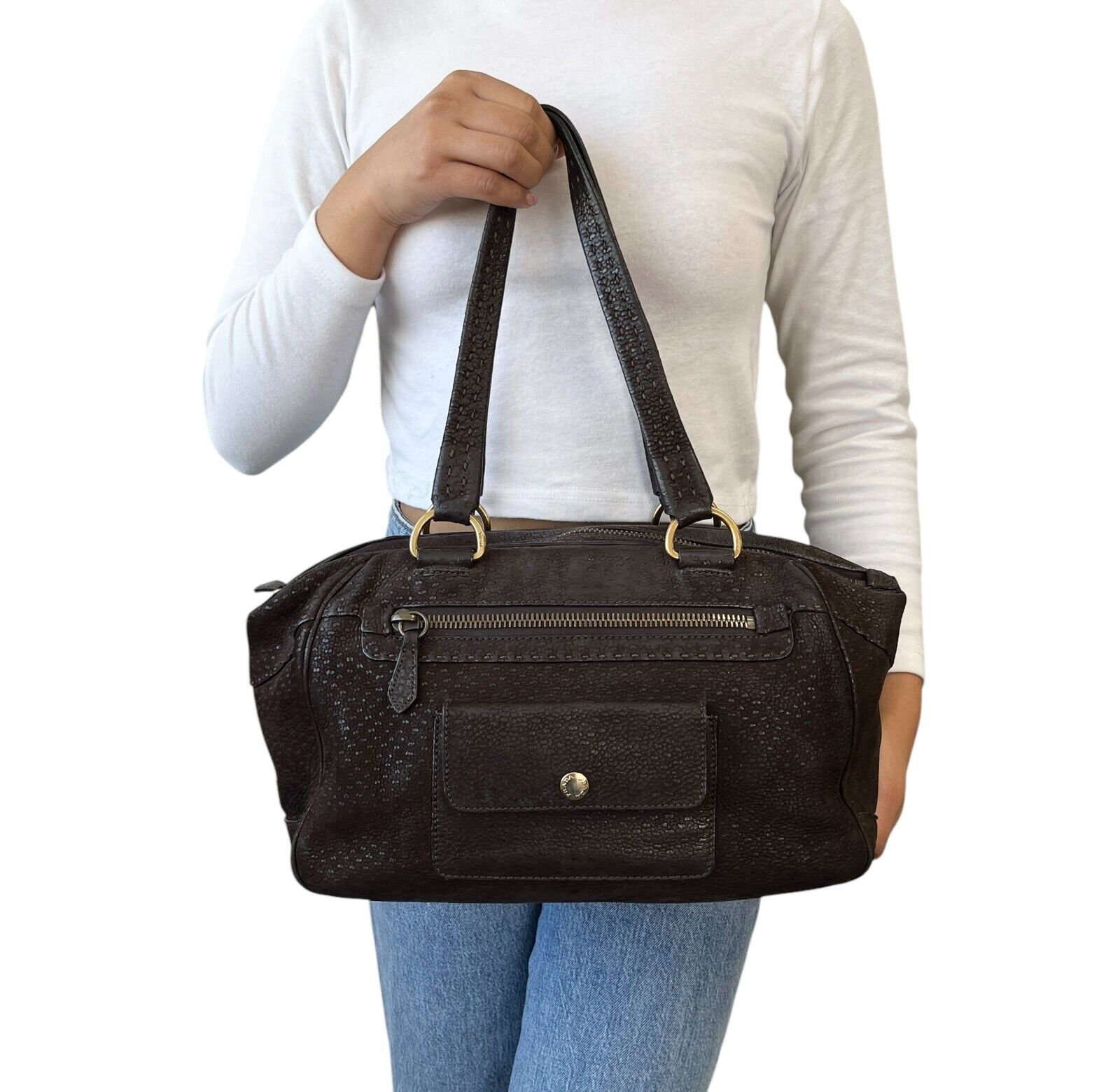 PRADA Vintage Logo Shoulder Bag Tote Bag Stitch Pocket Brown Gold Leather