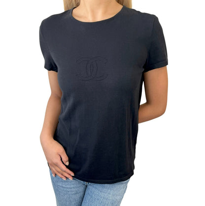 CHANEL Vintage 05C CC Logo Knit T-shirt #42 Short Sleeve Top Black 901186
