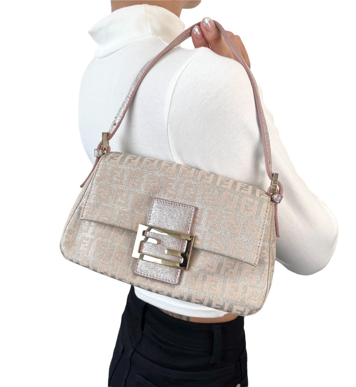 FENDI Vintage FF Zucchino Mini Mamma Baguette Shoulder Bag Pink Silver 902294