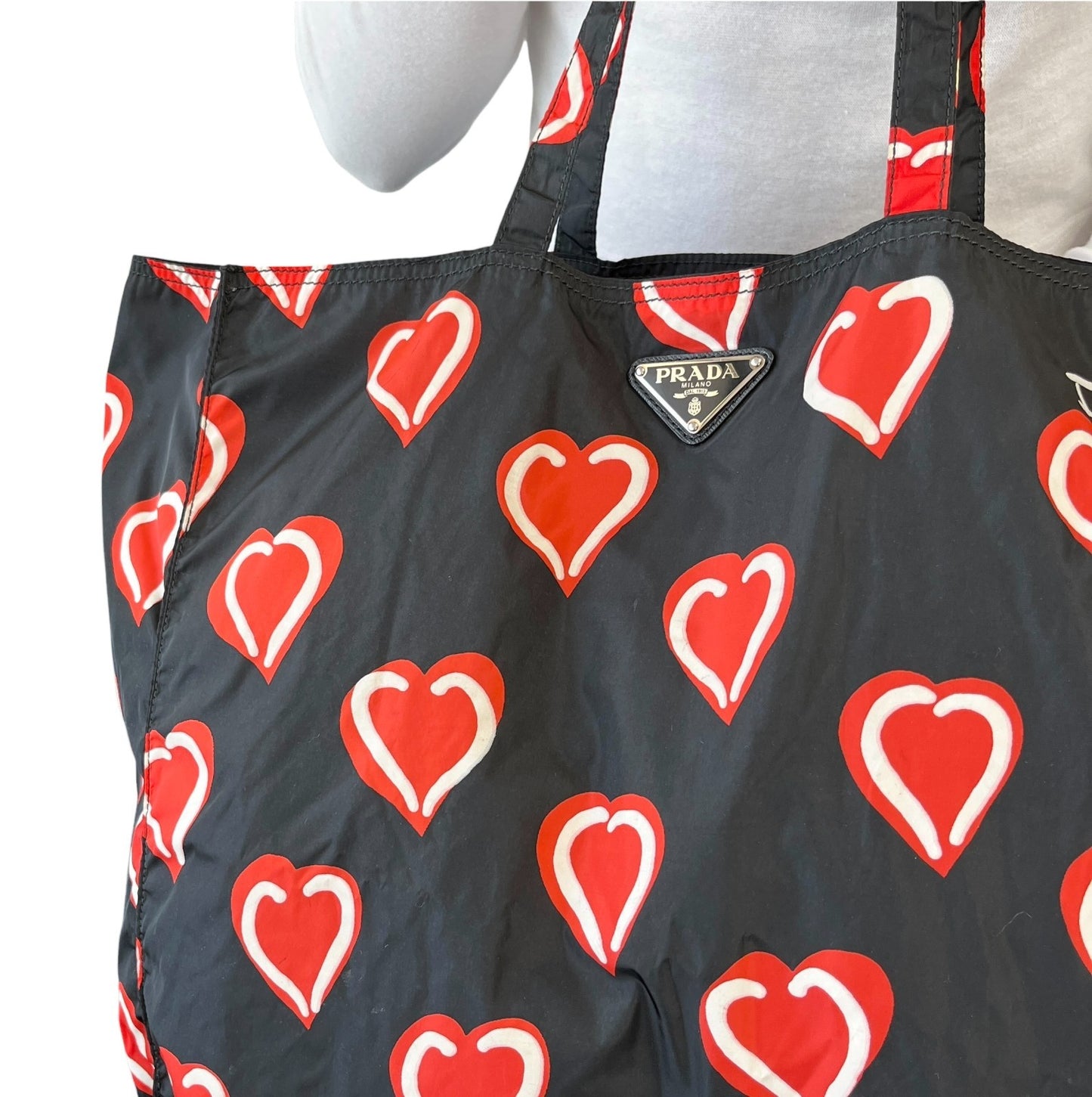 PRADA Vintage Logo Heart Pattern Print Tote Bag Handbag Pouch Black Red Nylon