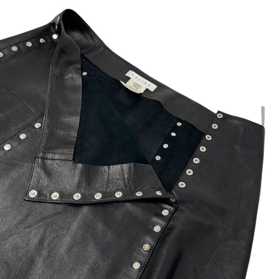 CELINE Vintage Macadam Logo Button Mini Skirt #38 Black Silver Leather