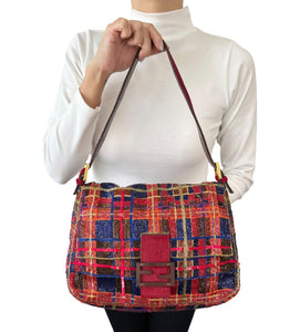 FENDI Vintage FF Logo Beads Mamma Baguette Shoulder Bag Plaid Red Blue Leather