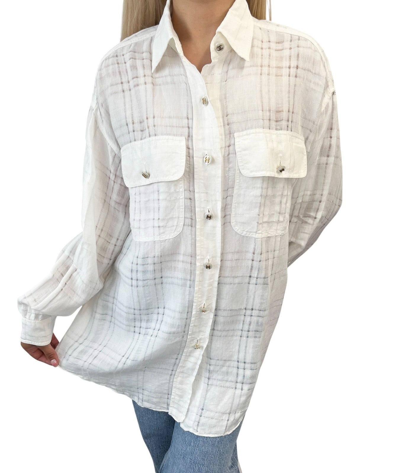 CHANEL Vintage CC Logo Checked Button Up Shirt #38 White Cotton Pocket 902289