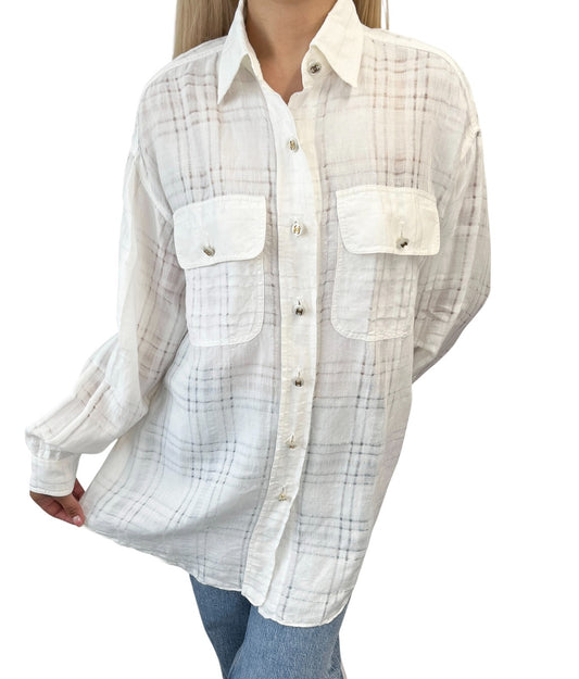 CHANEL Vintage CC Logo Checked Button Up Shirt #38 White Cotton Pocket 902289