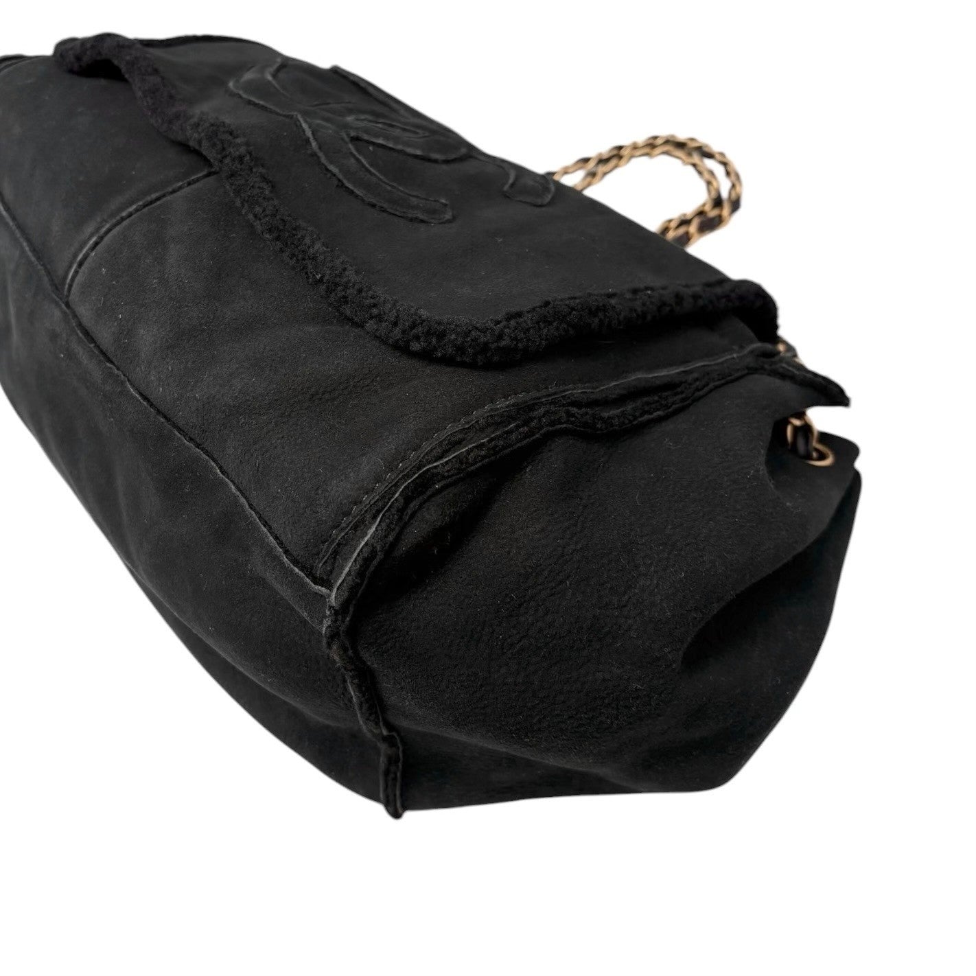 CHANEL Vintage CC Big Logo Shearling Chain Shoulder Bag Black Gold Suede Mouton