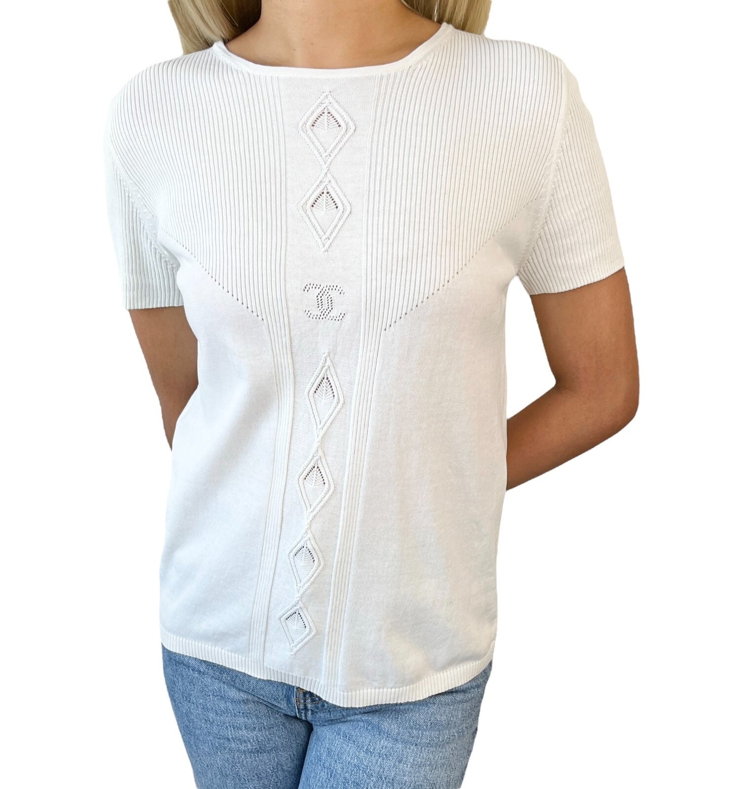 CHANEL Vintage 05P CC Logo Ribbed Knit Top #34 Short Sleeve White Cotton