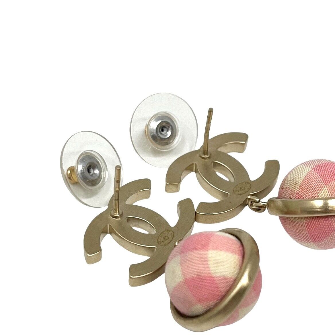 CHANEL Vintage 11C CC Mark Logo Check Studded Earring Pink Gold Rank AB