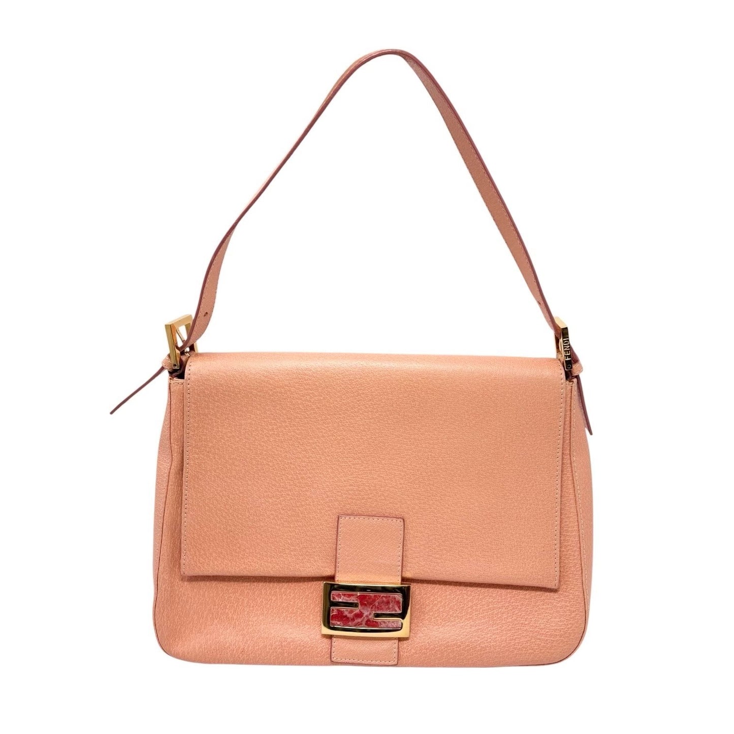 FENDI Vintage FF Logo Mamma Baguette Shoulder Bag Handbag Salmon Pink Leather