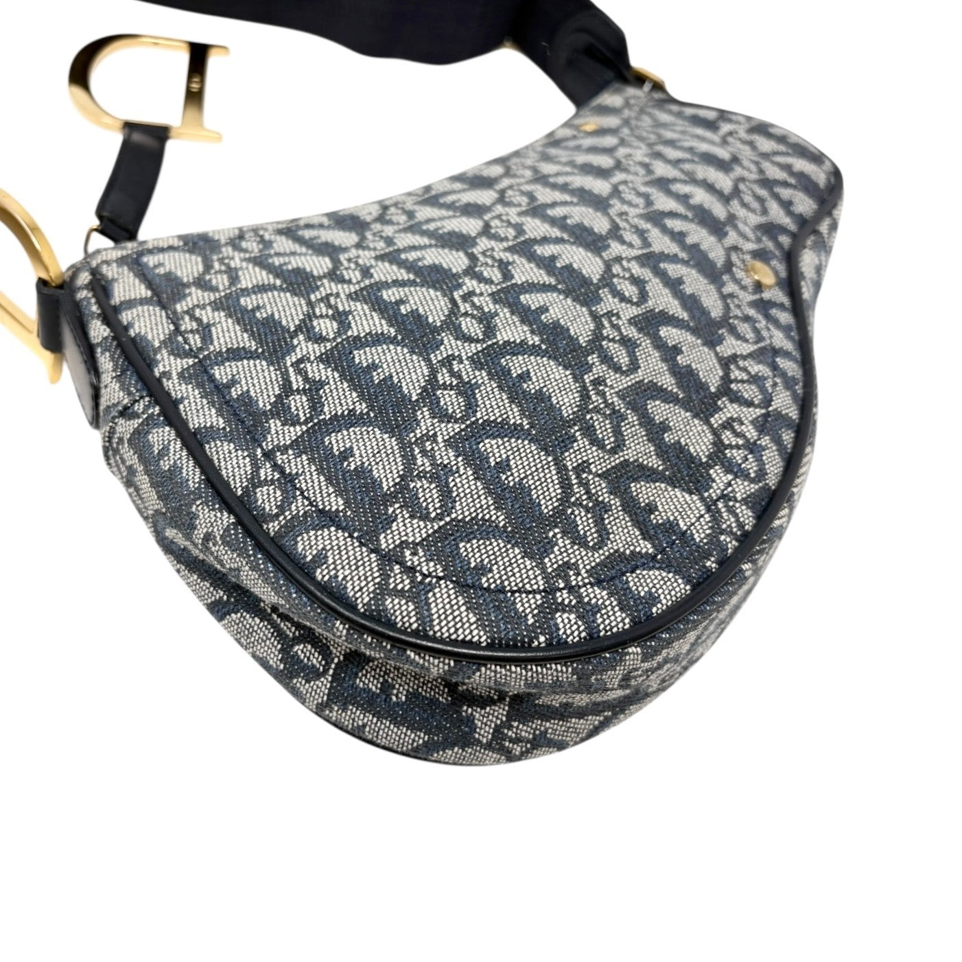 Christian Dior Vintage 2004 Trotter Monogram Saddle Bag Dark Blue Gold Canvas