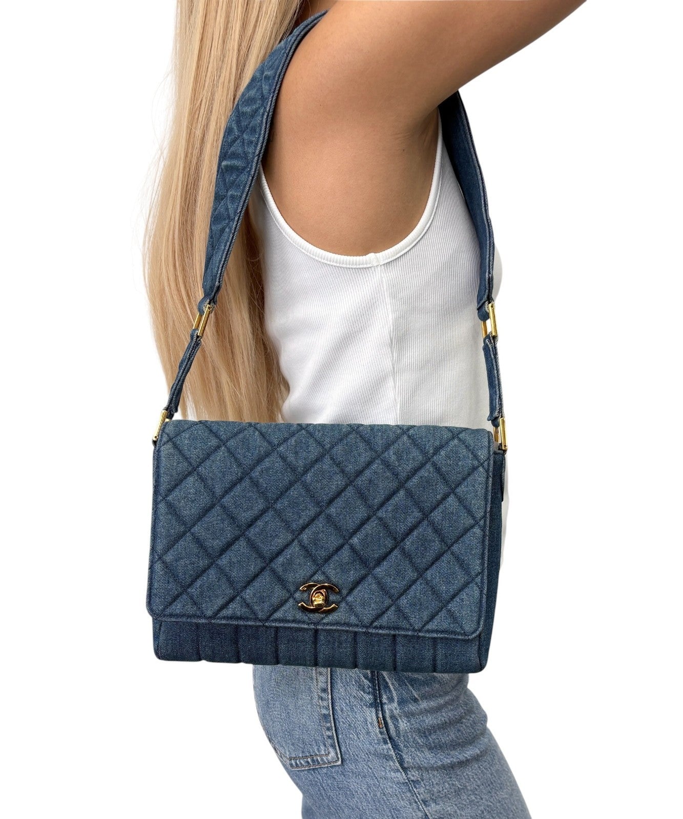 CHANEL Vintage CC Logo Quilted Denim Flap Shoulder Bag Blue Gold 901873
