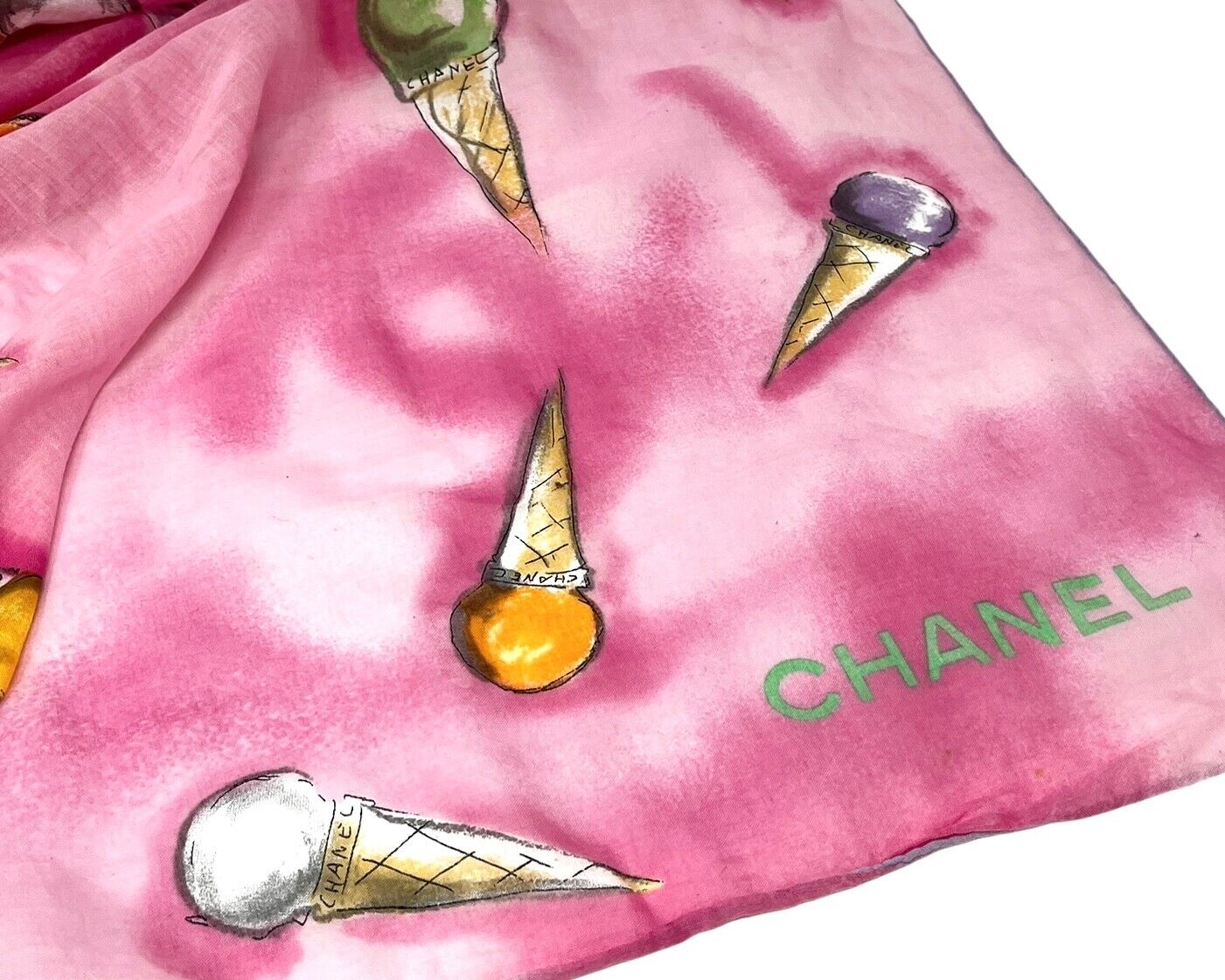 CHANEL Vintage Logo Ice Cream Print Wrap Pareo Big Scarf Dress Cotton Pink