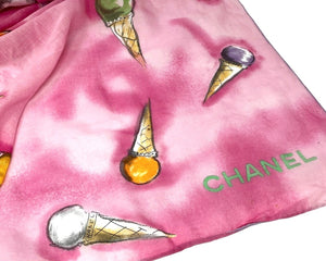 CHANEL Vintage Logo Ice Cream Print Wrap Pareo Big Scarf Dress Cotton Pink
