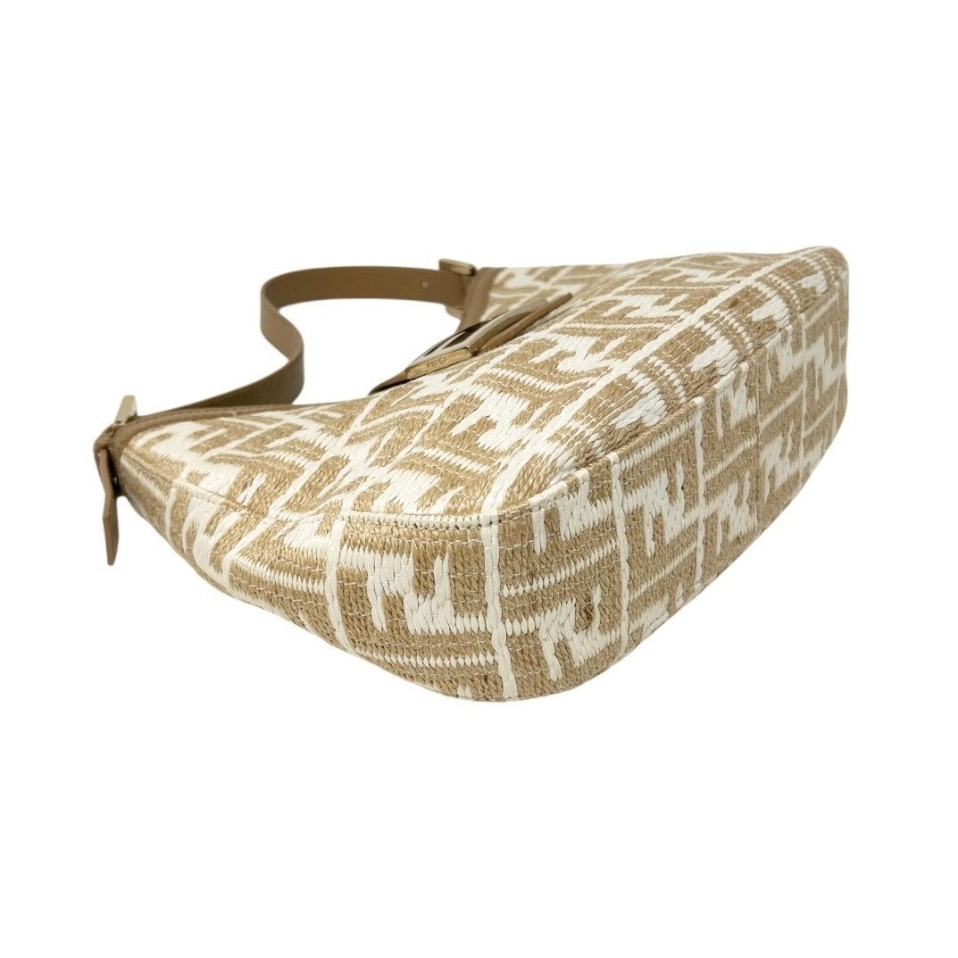 FENDI Vintage FF Logo Zucca Raffia Hobo Shoulder Bag Beige White Leather