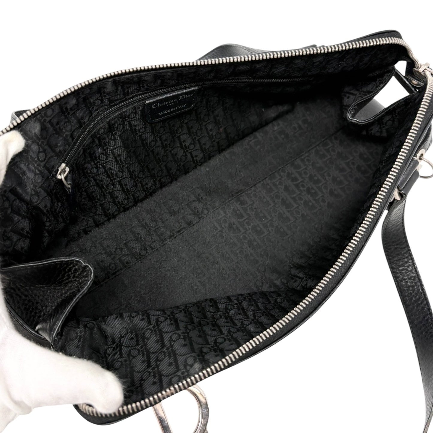 Christian Dior Vintage Logo Charm Shoulder Bag Black Silver Leather 901869