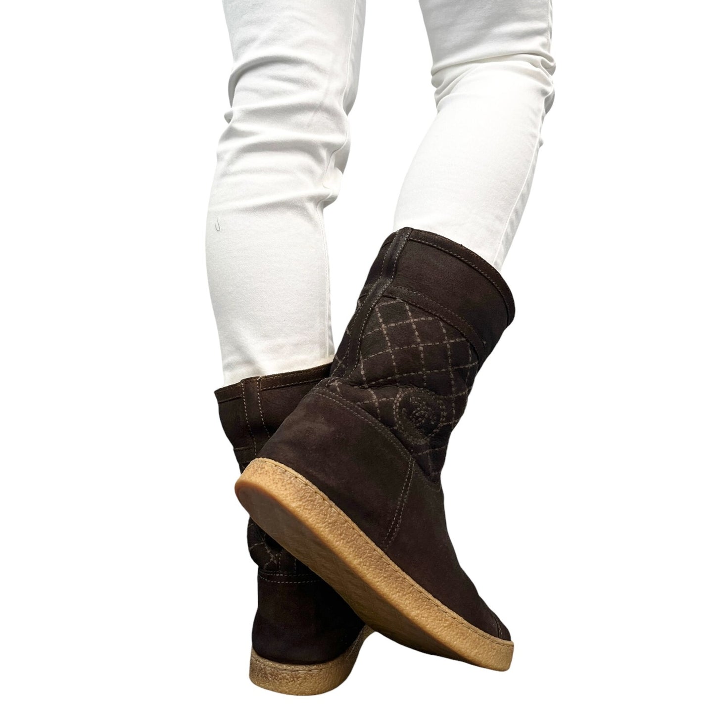 CHANEL Vintage CC Mark Logo Mid Calf Boots #39.5 Stitch Dark Brown Cream Suede