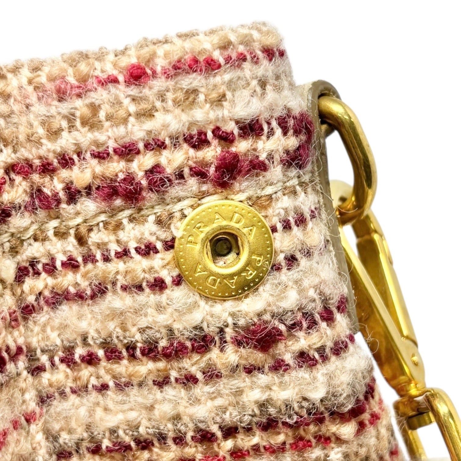 PRADA Vintage Logo Tweed 2way Tote Bag Crossbody Pink Cream Gold Wool Suede