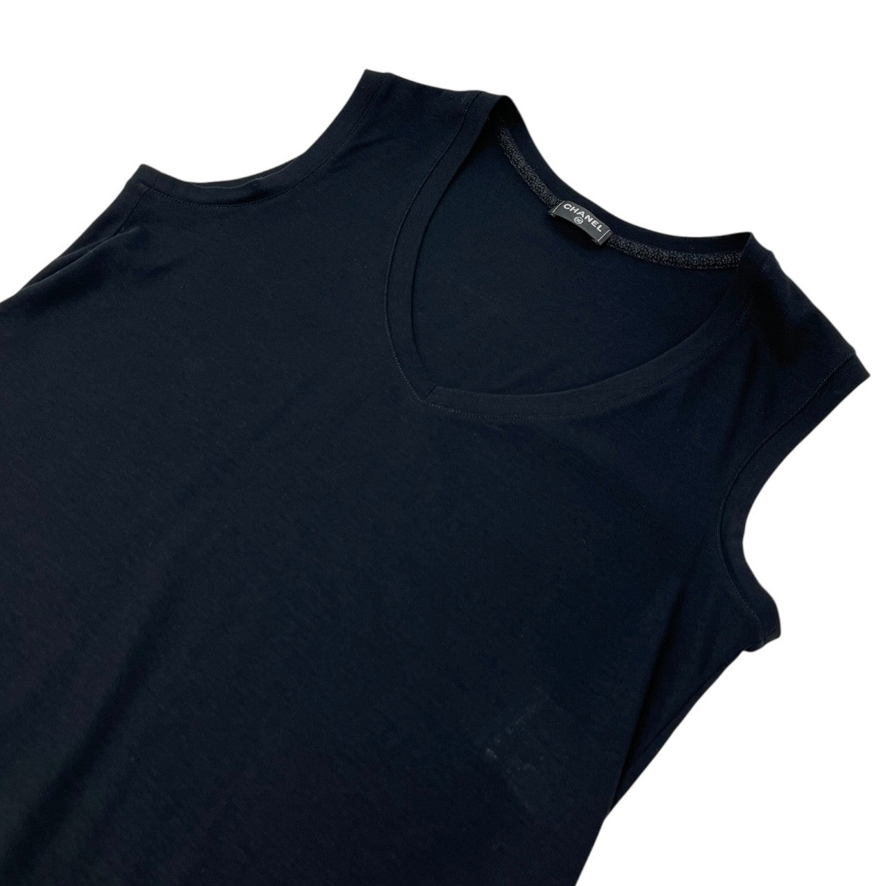 CHANEL Vintage Logo V-neck Tank Top Cotton Black Pullover Sleeveless