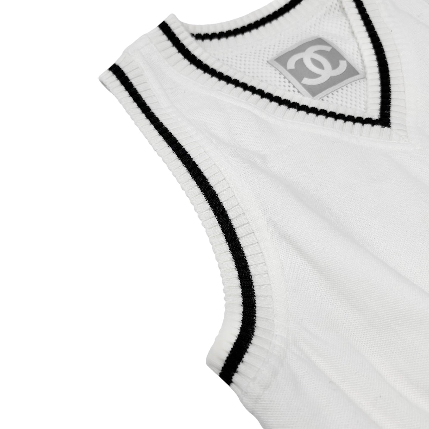 CHANEL Sport Vintage 04S CC Logo Patch Tank Top Tunic #38 White Black Cotton