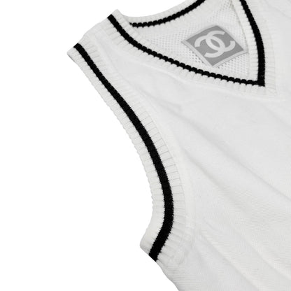 CHANEL Sport Vintage 04S CC Logo Patch Tank Top Tunic #38 White Black Cotton