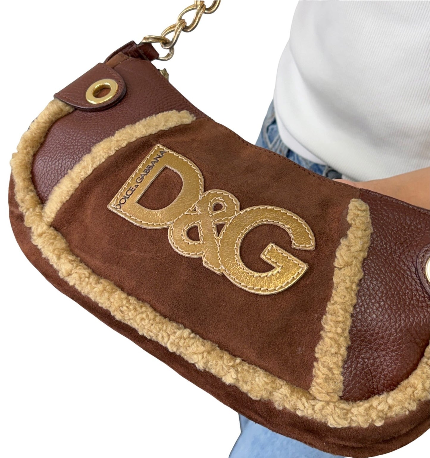 DOLCE&GABBANA Vintage D&G Chain Shoulder Bag Suede Leather Brown Gold 902412