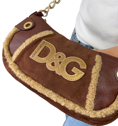 DOLCE&GABBANA Vintage D&G Chain Shoulder Bag Suede Leather Brown Gold 902412