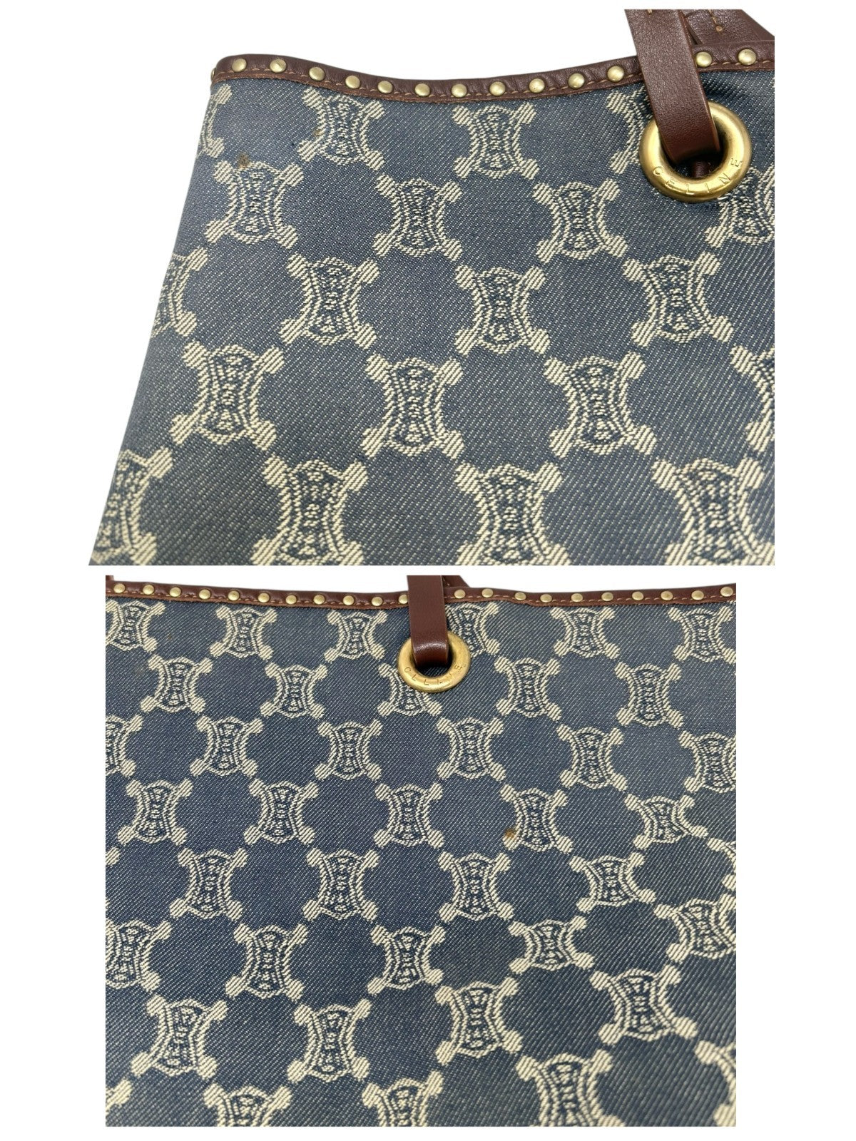 CELINE Vintage Macadam Monogram Logo Denim Tote Bag Blue Gold Cotton Leather