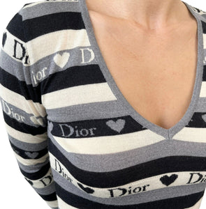 Christian Dior Vintage Logo Knit Top #36 Sweater Gray Wool Heart Stripe Rank AB