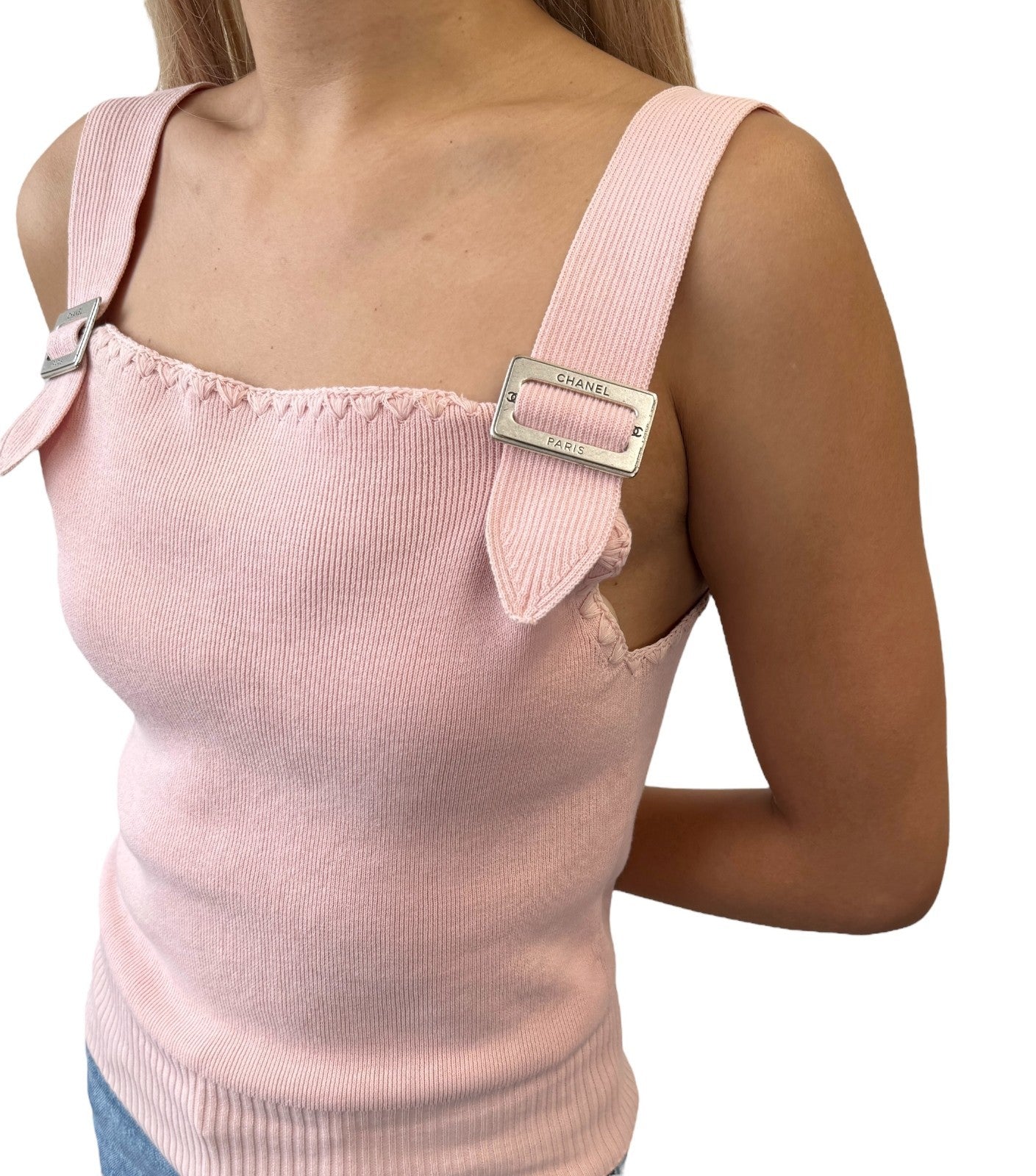 CHANEL Vintage 05C CC Logo Ribbed Knit Tank Top #38 Pink Cotton Camisole