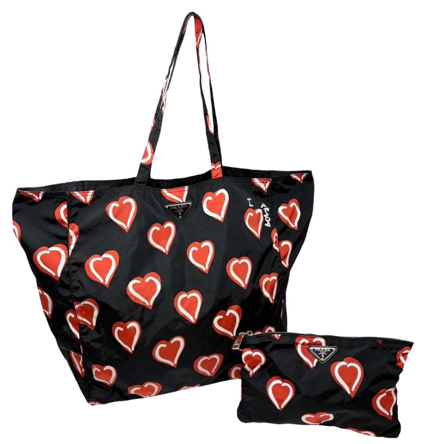 PRADA Vintage Logo Heart Pattern Print Tote Bag Handbag Pouch Black Red Nylon