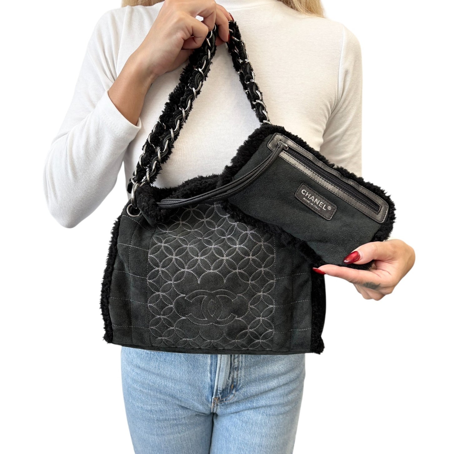 CHANEL Vintage Shearling Fur Shoulder Bag Pouch Mouton Black Chain CC Suede