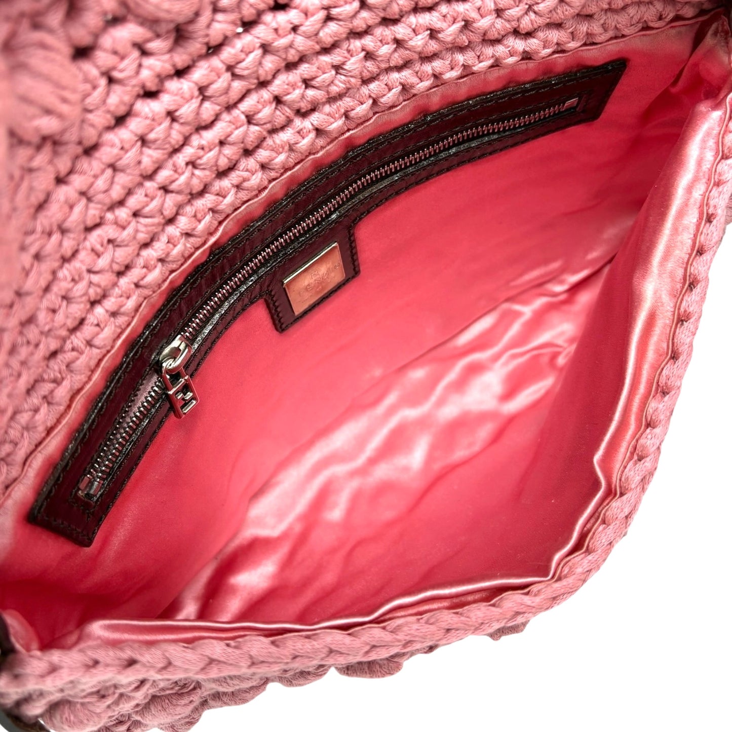 FENDI Vintage FF Logo Crochet Mamma Baguette Shoulder Bag Knit Pink Brown Wool