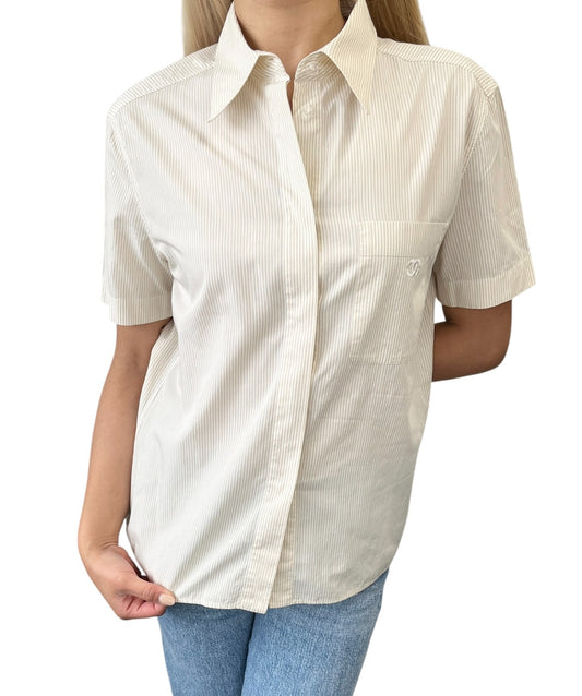 CHANEL Vintage 99P CC Logo Button Up Shirt Top Short Sleeve #40 Beige Pocket