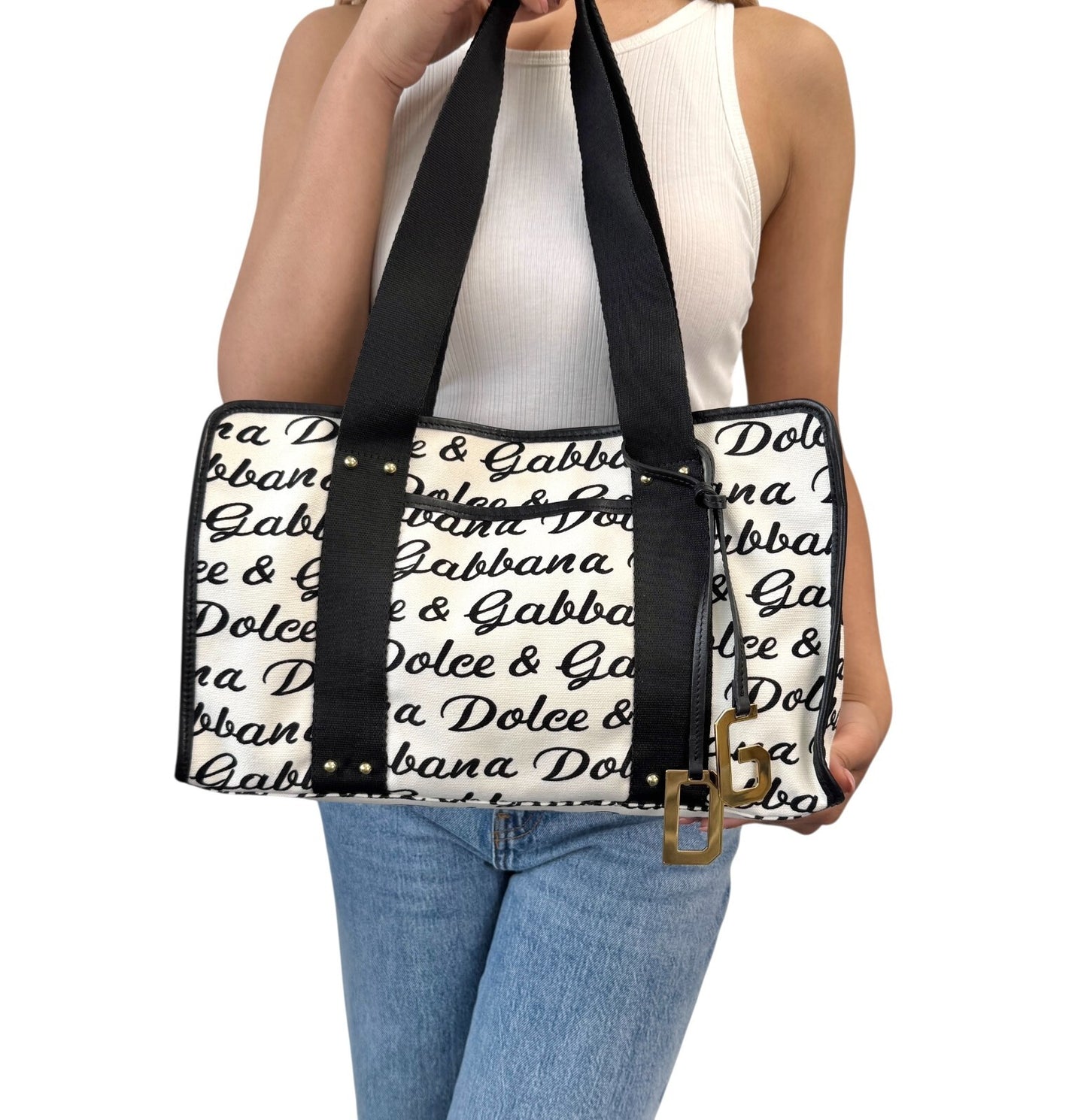 DOLCE&GABBANA Vintage D&G Logo Shoulder Bag White Black Gold Canvas Leather