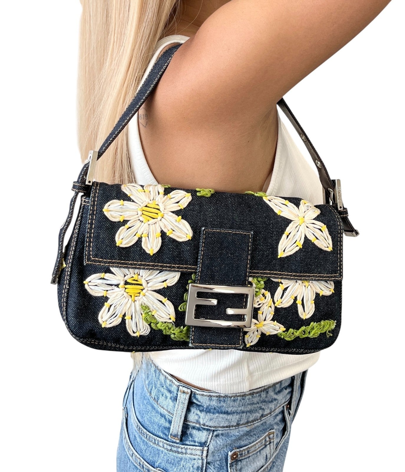 FENDI Vintage Mamma Baguette Denim Shoulder Bag Flower Blue Cotton 901871