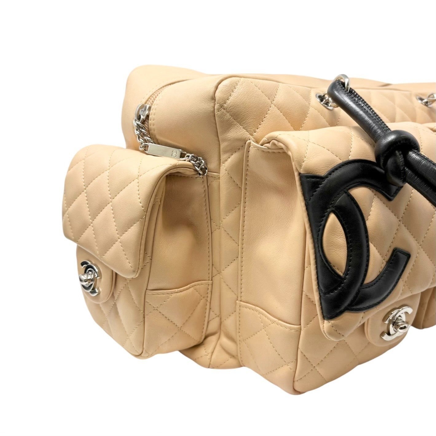 CHANEL Vintage Cambon Line CC Logo Quilted Shoulder Bag Beige Black Leather