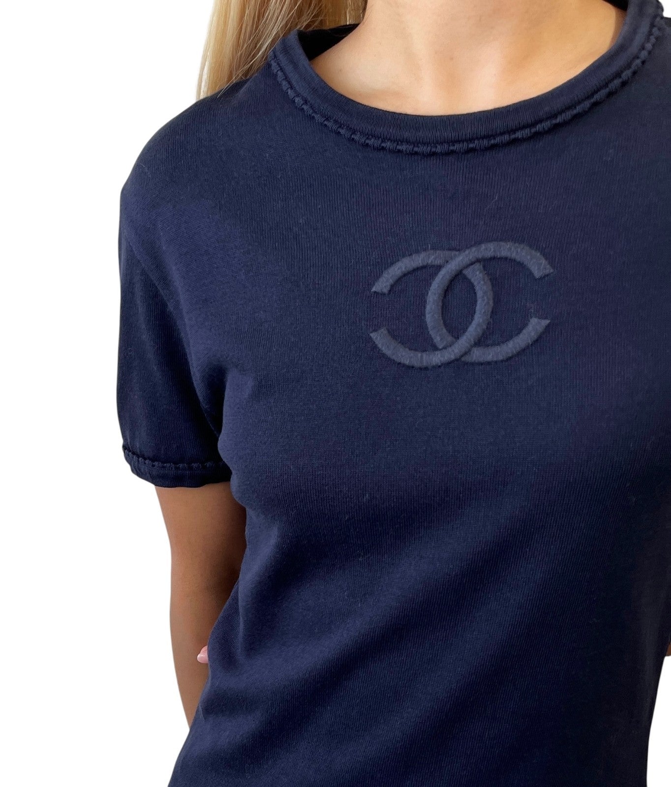CHANEL Vintage CC Mark Logo Knit Top T-shirt Short Sleeve #38 Dark Blue Cotton