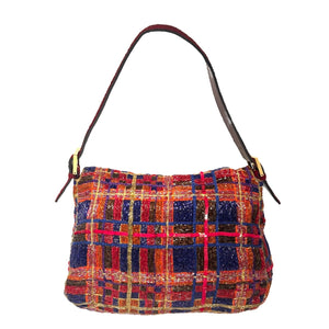 FENDI Vintage FF Logo Beads Mamma Baguette Shoulder Bag Plaid Red Blue Leather