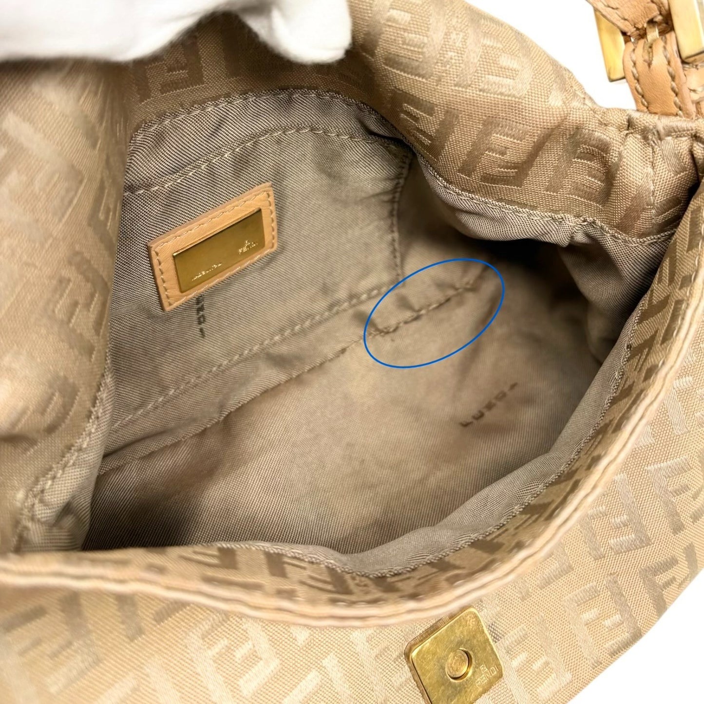 FENDI Vintage FF Logo Zucchino Mamma Baguette Shoulder Bag Beige Gold