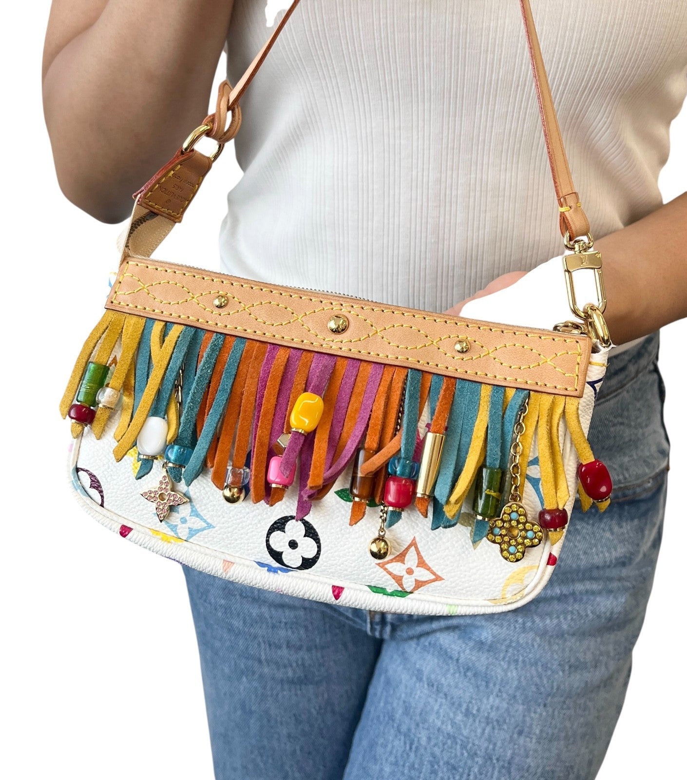 LOUIS VUITTON Vintage Monogram Multicolor Fringe Pochette Mini Bag White