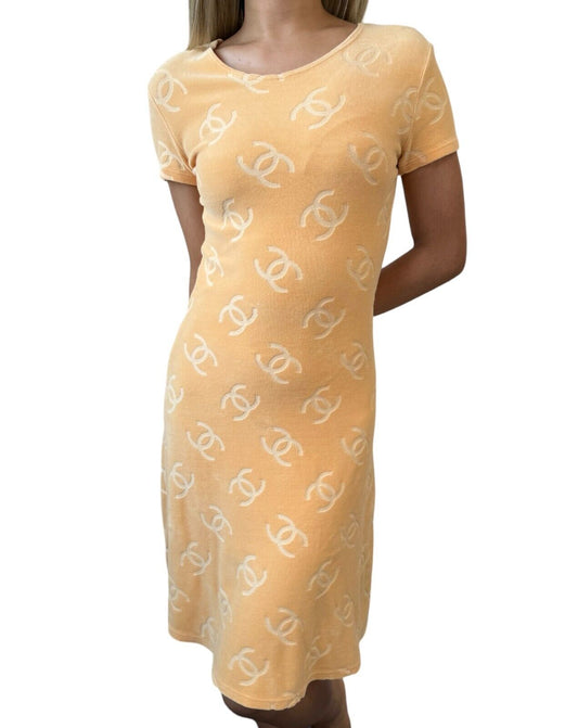 CHANEL Vintage 1996 CC Mark Logo Velour Dress #38 One-piece Orange Cotton