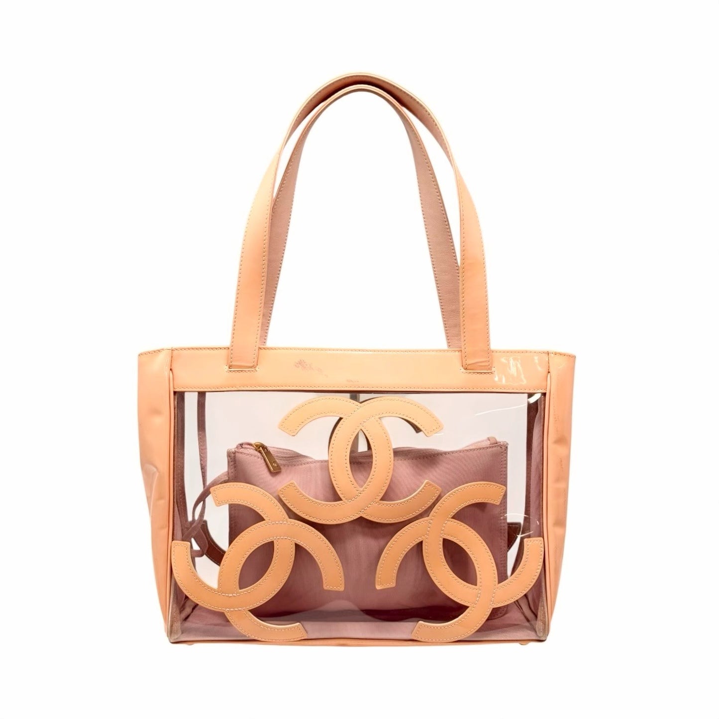 CHANEL Vintage Triple CC Logo Clear Tote Shoulder Bag Pink Beige Pouch 902078