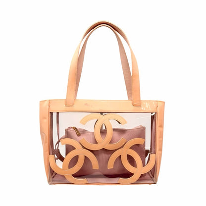 CHANEL Vintage Triple CC Logo Clear Tote Shoulder Bag Pink Beige Pouch 902078
